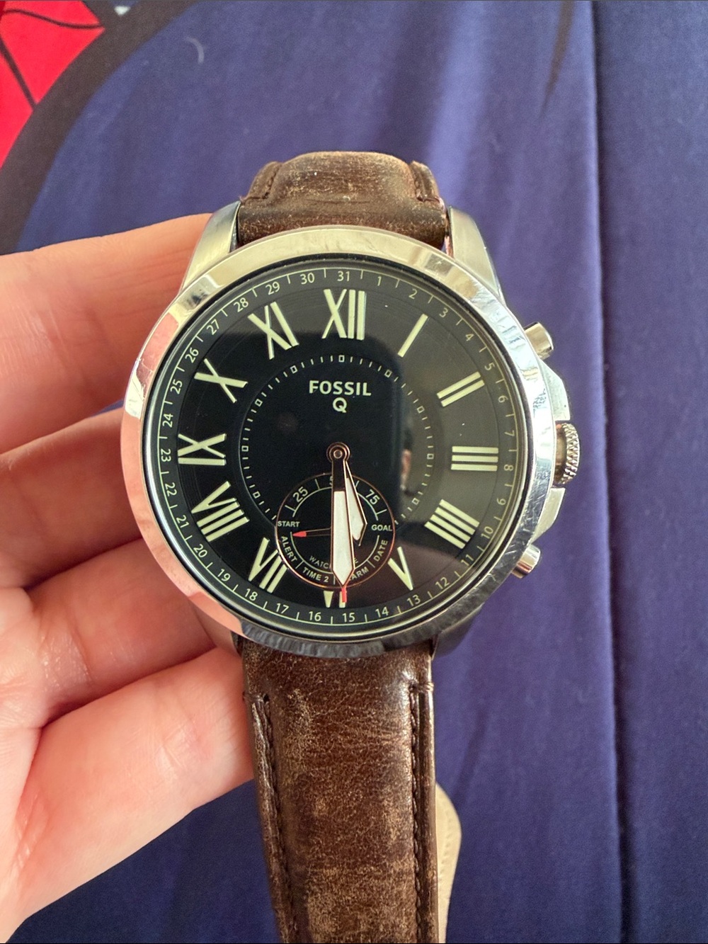 Fossil Black Dial Silver Case Brown Leather Strap Smartwatch